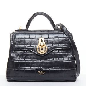 MULBERRY Micro Seaton black embossed cow hide gold turnlock logo crossbody bag
